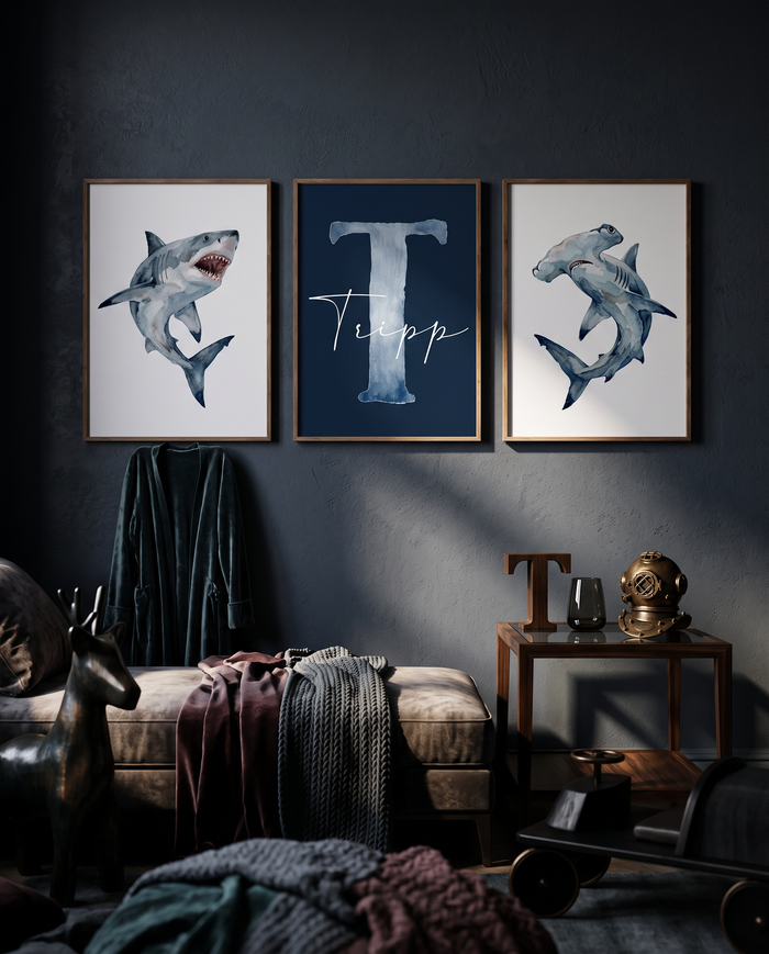 Personalized Shark Wall Art Set of 3, Navy Blue Great White & Hammerhead Shark Prints, Boy Nursery Decor, Shark Bedroom Gift, Kids Room Art