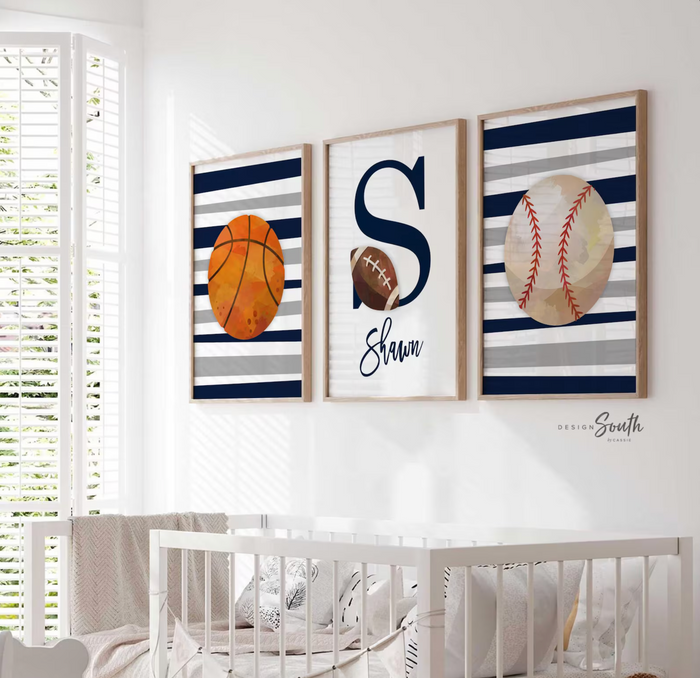 Blue sports art, sports wall prints customized kids name, nursery decor sports theme, set of three above crib sports, boy bedroom sports art