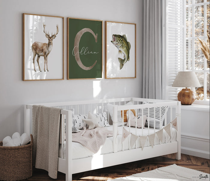 Personalized Nursery Prints – Buck Deer, Bass Fish, Name Initial Wall Art