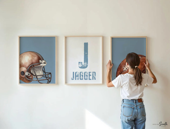 Football Nursery Wall Art Set of 3, Blue Football Helmet Name Initial Prints, Personalized Boy Room Decor, Baby Toddler Gift Idea