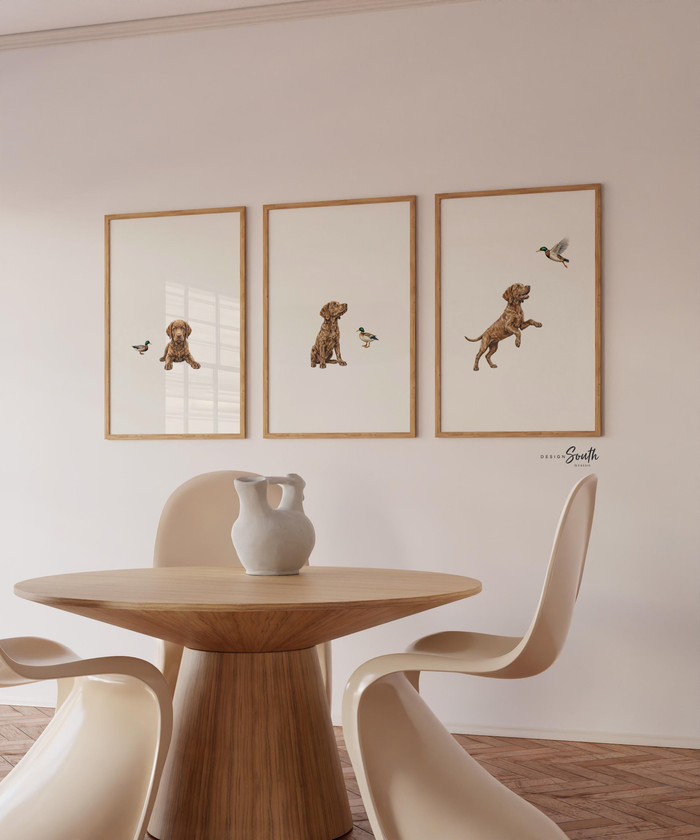 Chesapeake Bay Retriever Puppy Wall Art Set of 3, Duck Hunting Dog Prints for Boy Bedroom, Baby Nursery Decor, Hunting Gift Idea