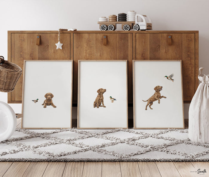 Chesapeake Bay Retriever Puppy Wall Art Set of 3, Duck Hunting Dog Prints for Boy Bedroom, Baby Nursery Decor, Hunting Gift Idea