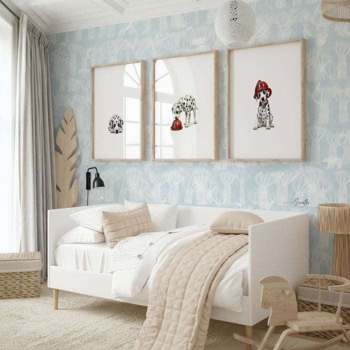 Dalmatian Firefighter Nursery Wall Art, Puppy Prints Red Fire Chief Hat, Fire Truck Fire Dept Theme, Personalized Name Baby Room Decor Gift
