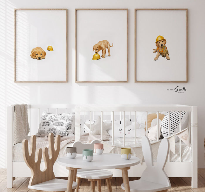 Golden Retriever Construction Nursery Wall Art Set of 3, Puppy Prints with Yellow Hard Hats Safety Vests, Builder Theme, Baby Room Gift
