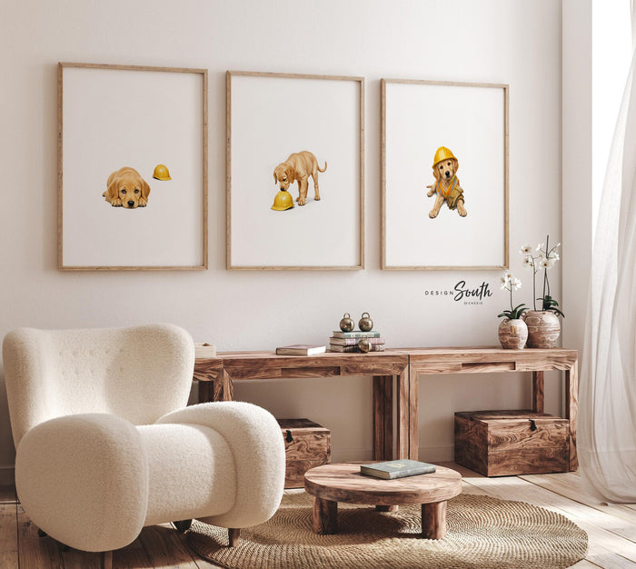 Golden Retriever Construction Nursery Wall Art Set of 3, Puppy Prints with Yellow Hard Hats Safety Vests, Builder Theme, Baby Room Gift