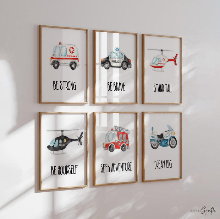 Rescue vehicle wall art, emergency vehicles nursery art, toddler room decor, big boy bedroom, transportation nursery, vehicles wall art set
