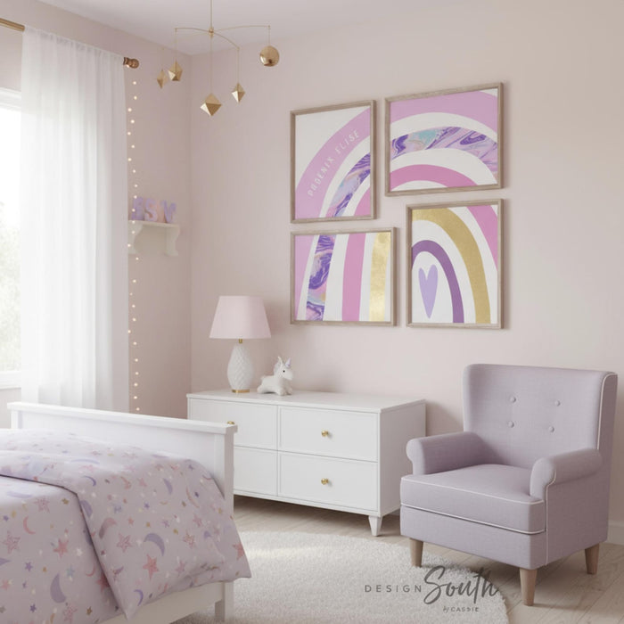 Pink gold and purple art prints, rainbow themed girls room pink purple gold, little girl bedroom or baby nursery wall art, rainbow room art