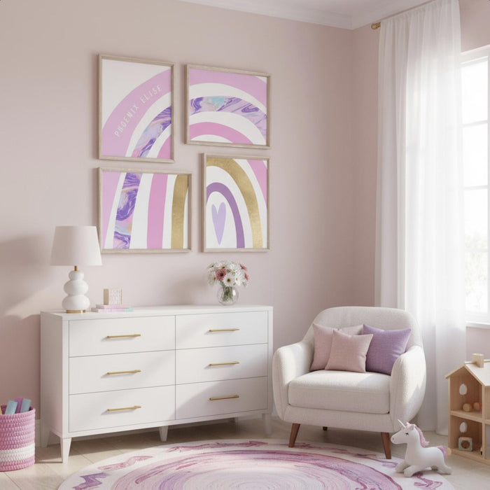 Pink gold and purple art prints, rainbow themed girls room pink purple gold, little girl bedroom or baby nursery wall art, rainbow room art