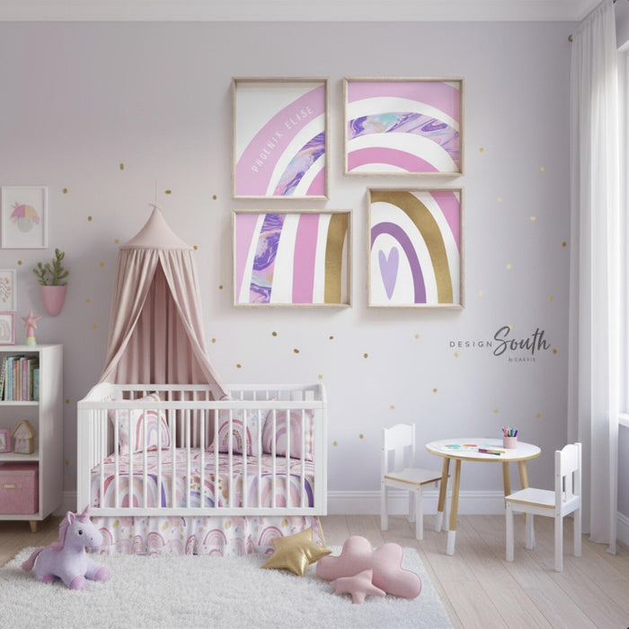 Pink gold and purple art prints, rainbow themed girls room pink purple gold, little girl bedroom or baby nursery wall art, rainbow room art