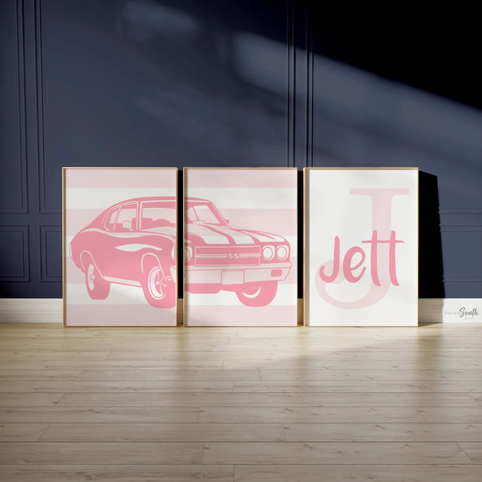 Pink muscle car classic chevrolet chevelle ss, pink car nursery art, car themed big girl room, antique car print for girls, pink muscle cars