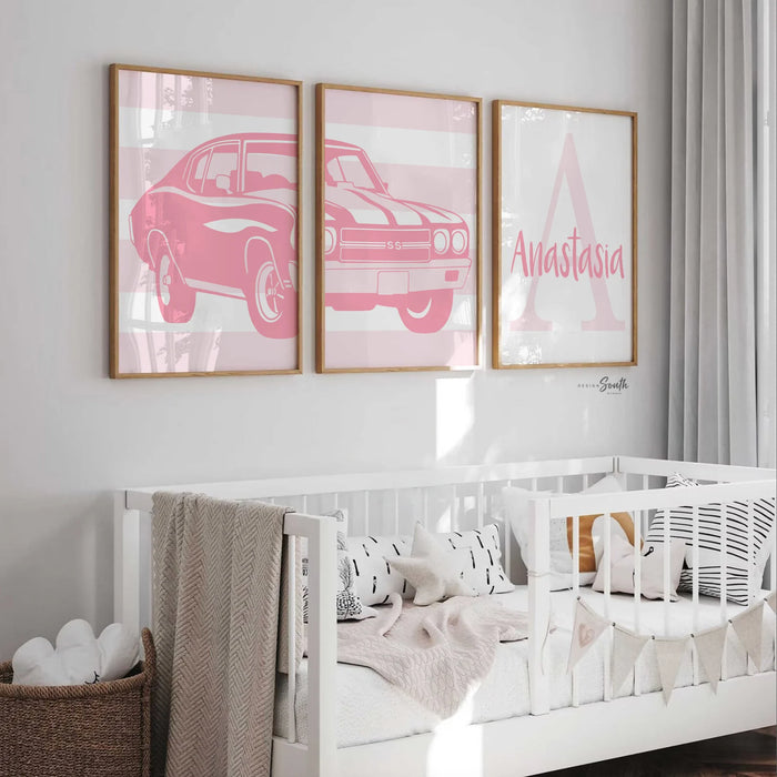 Pink muscle car classic chevrolet chevelle ss, pink car nursery art, car themed big girl room, antique car print for girls, pink muscle cars