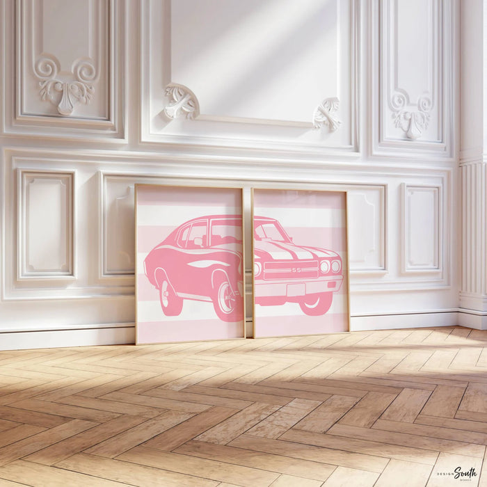 Pink muscle car classic chevrolet chevelle ss, pink car nursery art, car themed big girl room, antique car print for girls, pink muscle cars