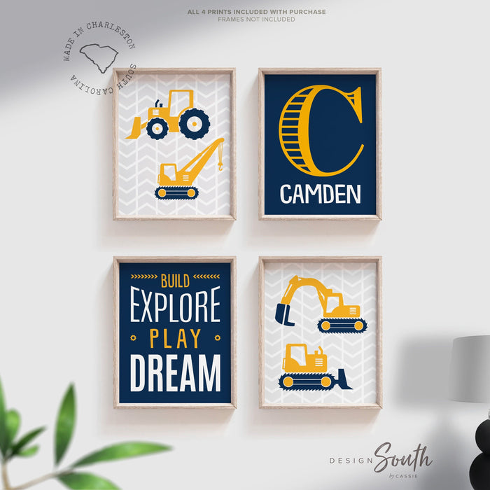 Build explore play dream, big boy bedroom construction, digger prints, digger wall art, boys construction theme bedroom, boys bedroom decor