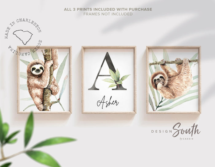 Sloth wall art set, sloth themed baby nursery, sloth nursery ideas, sloth tropical rainforest room decor, sloth boy monogram, toddler sloths