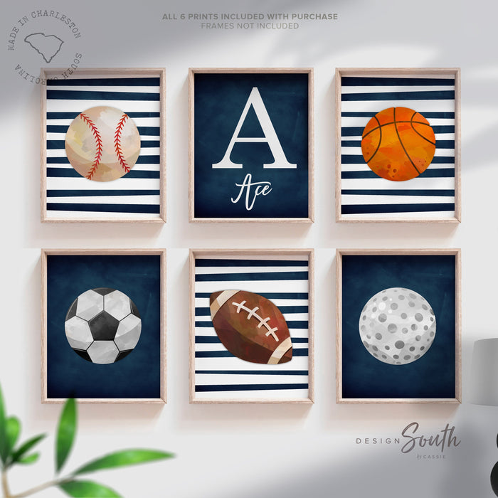 Sports collection print set boys name, sports theme wall pictures, sports art personalized gift, baseball football kids wall art boy nursery