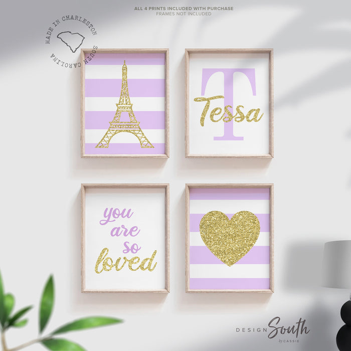 Pink paris girl prints, pink gold paris room art, pink gold eiffel tower, girl's personalized name sparkly paris themed, art print set paris