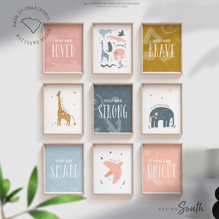 Pink animals little girl room, pink giraffe elephant fox safari jungle animals wall art set, girl bedroom decor, girl's modern pink nursery