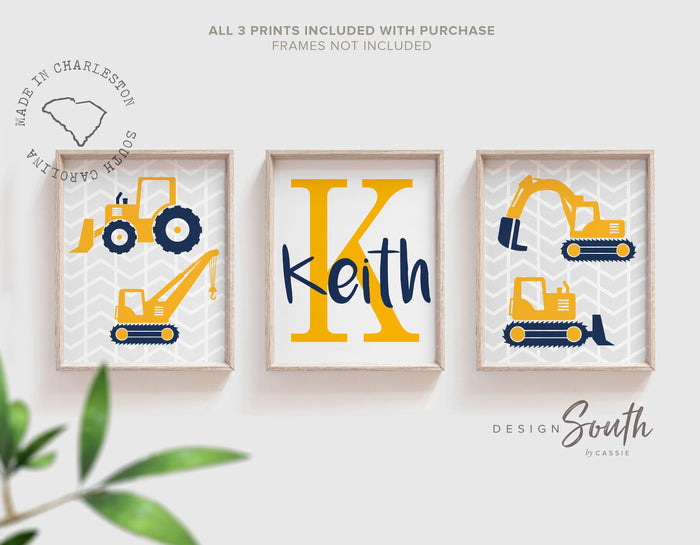 Navy blue yellow and gray construction room, big boy construction bedroom, construction theme gift for boy personalized name, boy's playroom
