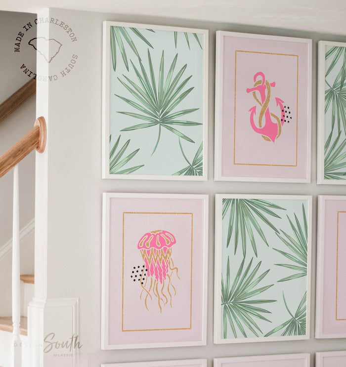 Girl ocean theme nursery decor, pink and gold nautical bedroom, pink gold beach nursery, sea animals and tropical palm leaves art prints