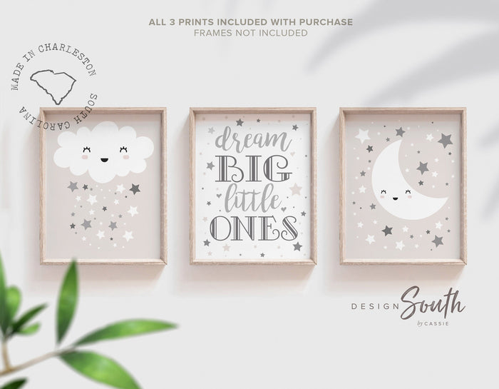 Dream big little ones, quote for twins, twin decor, twin nursery art, twins, boy girl twins, gray star twins cloud moon, twin art neutral