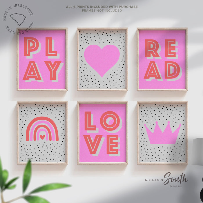Girls pink retro bedroom playroom or nursery art, rainbow heart crown love play read decor, decor for girls room, neon pink wall decor girls