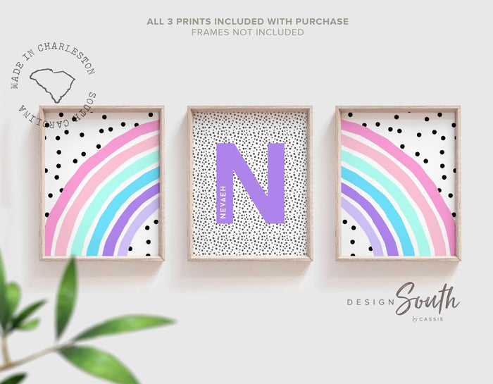 Rainbow girls initial name purple pink teal, dalmatian dot print nursery, trendy dot nursery decor, wall art for girls room personalized art