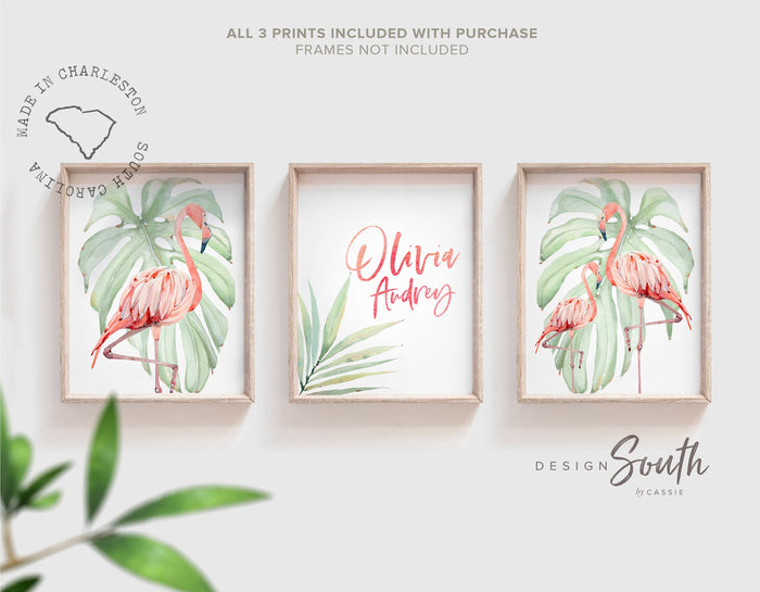 Flamingo print art set, above crib tropical wall, flamingo nursery decor, baby room decor, newborn flamingo nursery pink and green