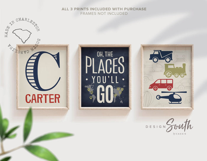Transportation theme for boys nursery or bedroom, personalized name print for boys, oh the places you'll go, blue, red and green print, art