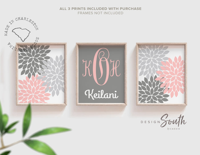 Baby girl nursery pink and gray, pink and gray flower nursery, pink and gray monogram nursery art, baby girl monogram art for nursery pink