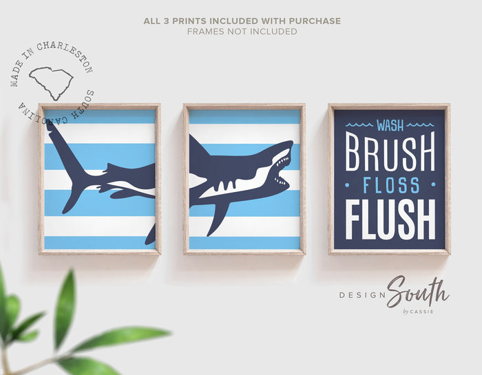 Shark theme bathroom, big boy bathroom art, blue sharks, gift for boy shark, kids bathroom navy blue, shark bite wash brush floss flush sign