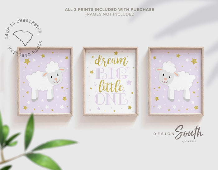 Lamb nursery theme decor, sheep nursery decor, baby lamb nursery, lilac and gold, lamb wall art, sheep nursery art, lamb-themed nursery art