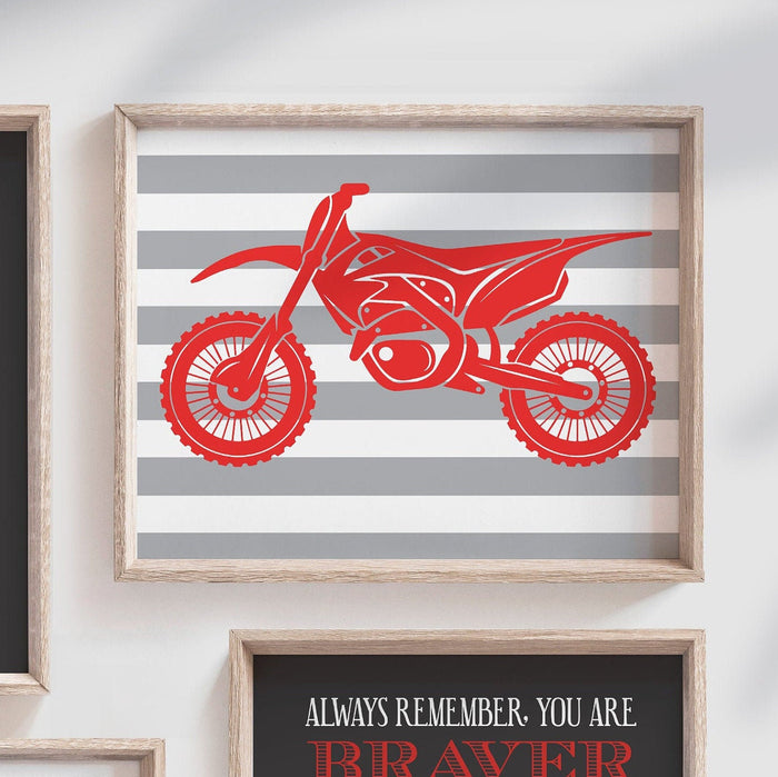 Dirt bike boys art, dirt bike wall art, motorbike racing, motocross dirt bike prints, stunt racing, dirt bike art, gift for boy, red & gray