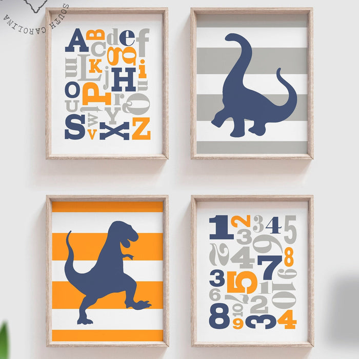 Dinosaur nursery decor orange and navy blue, kids prints, dinosaur wall art, dinosaur kids abc gift, orange and blue wall art boy, abc 123