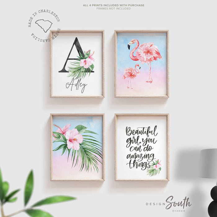 Beautiful girl you can do amazing things quote art print, pink nursery quote baby girl flamingo wall art, tropical pink baby decor flamingo