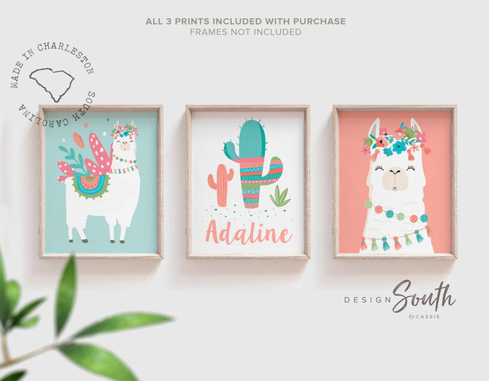 Llama themed girls bedroom, boho chic nursery art prints, llama alpaca accessories decorations, custom kids llama cactus gift personalized