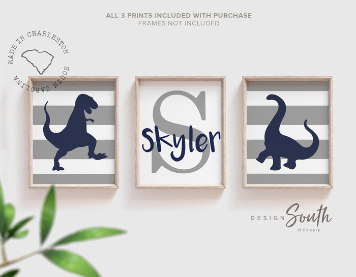 Navy dinosaur art boys name, decor baby boy wall art dinosaurs, dinosaur bedroom boys, personalized wall art for boy, navy blue and gray kid