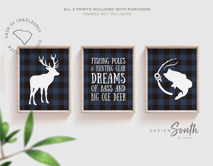 Blue buffalo plaid deer nursery decor, boy deer nursery, hunting theme nursery, blue black bass fish deer hunter themed nursery, hunting kid