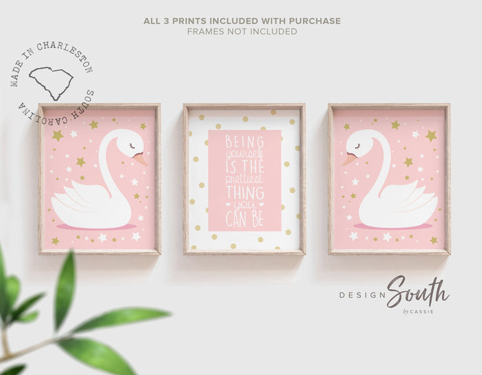 Pink gold nursery, blush nursery wall art, pink nursery prints, pink and gold, being yourself is the prettiest, be yourself, pink swan decor