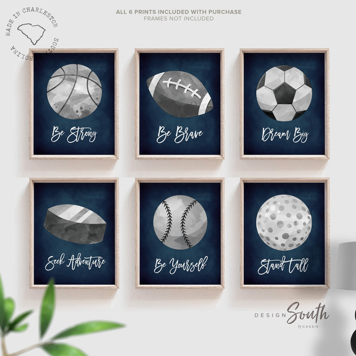 Navy blue and gray sports kids room, boys sports nursery wall art poster prints, gift for boy birthday party sports theme, navy gray bedroom