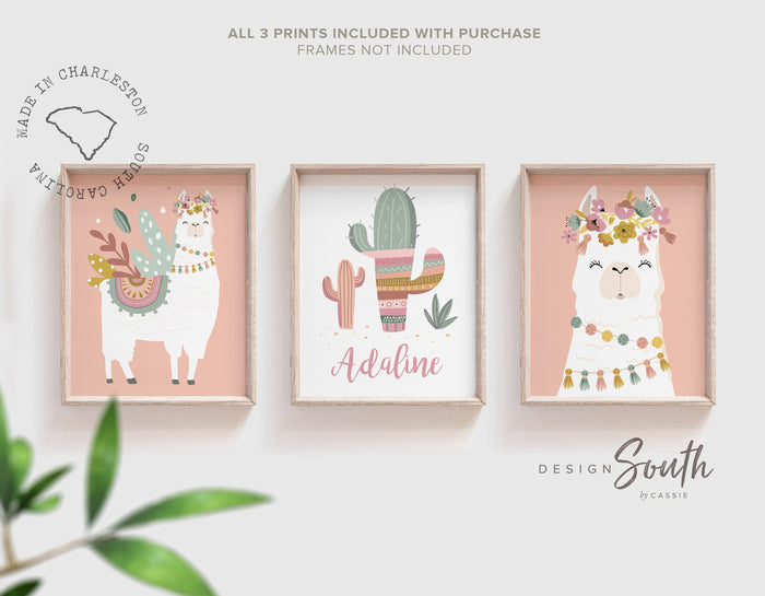 Boho nursery decor, boho nursery wall art idea, print set llama mauve pink succulents, llama themed baby room, wall decor girl bedroom llama