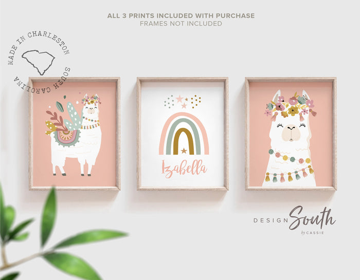 Boho nursery decor, boho nursery wall art idea, print set llama mauve pink succulents, llama themed baby room, wall decor girl bedroom llama