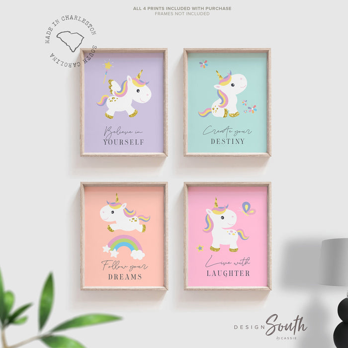 Pastel unicorn nursery art set of four 4, rainbows butterflies unicorns flowers decor, cute baby unicorn nursery wall art prints, pastel art