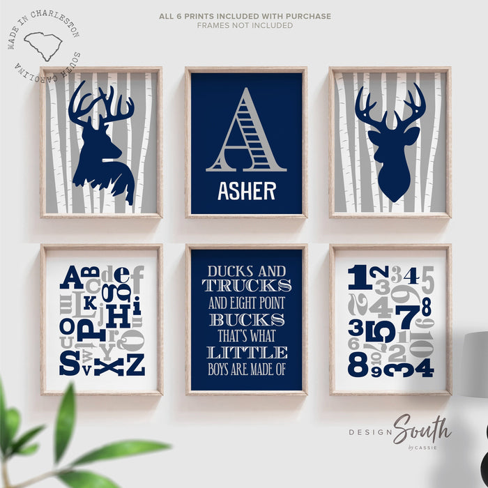 Deer boys bedroom nursery or playroom decor, boys art eight point bucks, deer theme, deer nursery, eight point bucks, navy and gray set of 6
