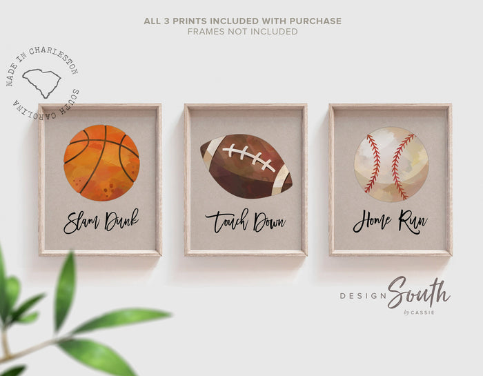 Sports baby gift, sports nursery wall art decor, basketball slam dunk art print, football touch down art print, baseball home run art print
