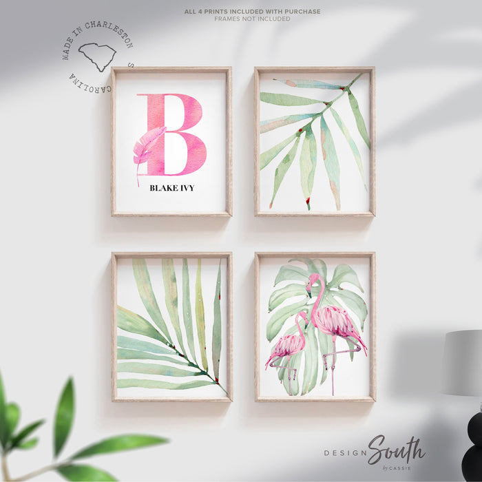 Tropical flamingo nursery, pink green nursery tropical baby, monstera leaf tropical theme baby, trendy nursery wall art decor baby girl gift