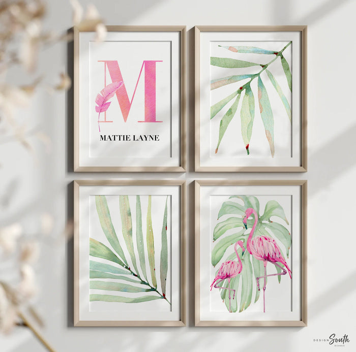 Tropical flamingo nursery, pink green nursery tropical baby, monstera leaf tropical theme baby, trendy nursery wall art decor baby girl gift