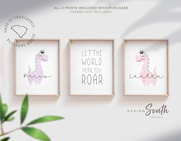Sister room decor, personalized names two girls sisters siblings wall art, twin nursery prints for babies, dinosaur twin room pink purple