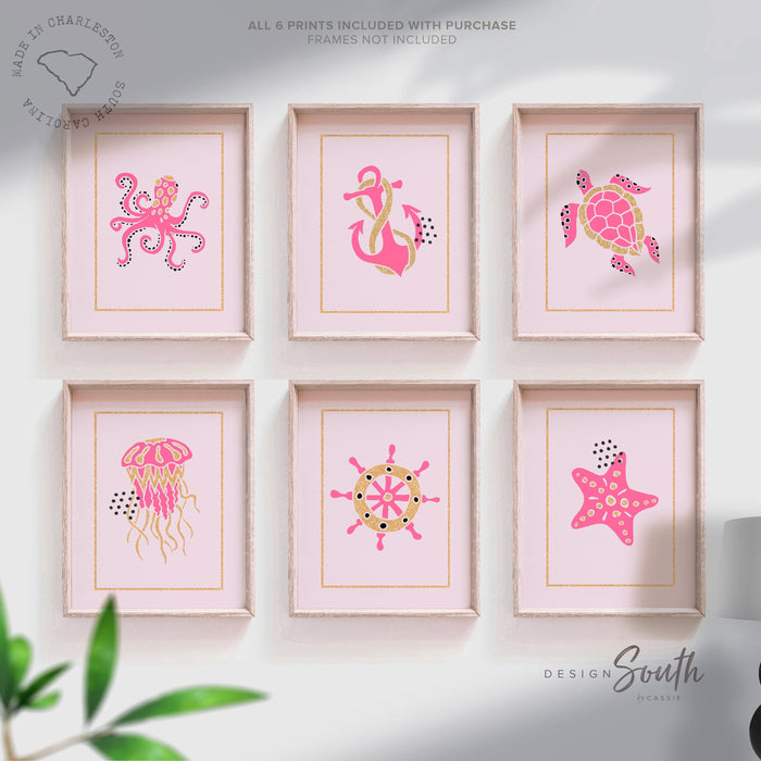 Girls nursery decor, pink gold beach nursery decor, prints for girls, gold and hot pink, sea animal ocean nautical nursery, pink sea animals