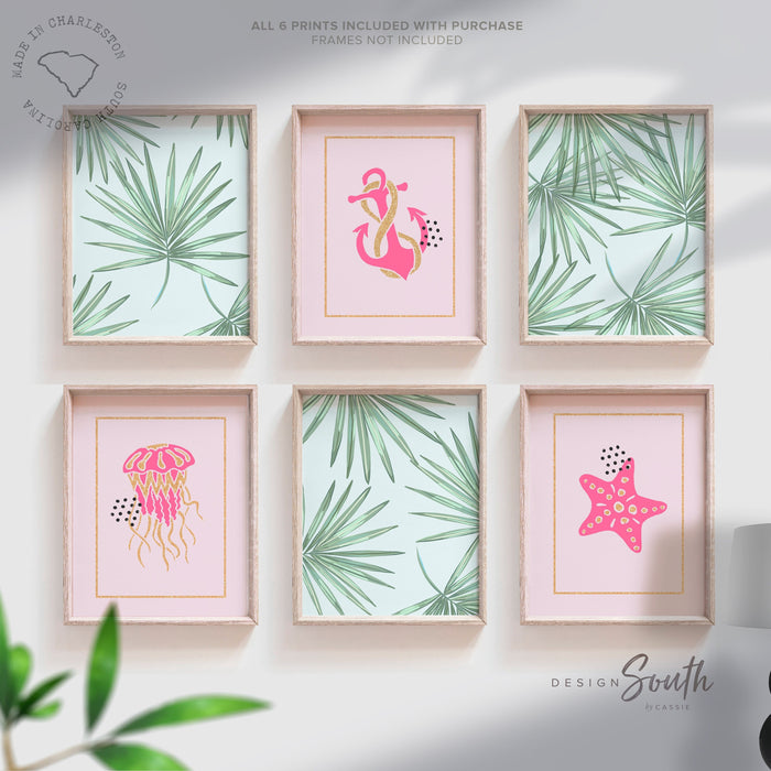 Girl ocean theme nursery decor, pink and gold nautical bedroom, pink gold beach nursery, sea animals and tropical palm leaves art prints