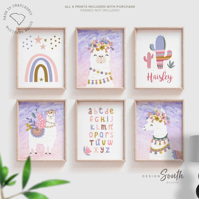 Llama themed girls nursery room wall art, llama baby girl gift, llama baby name gift, purple nursery baby room decor, desert girl bedroom